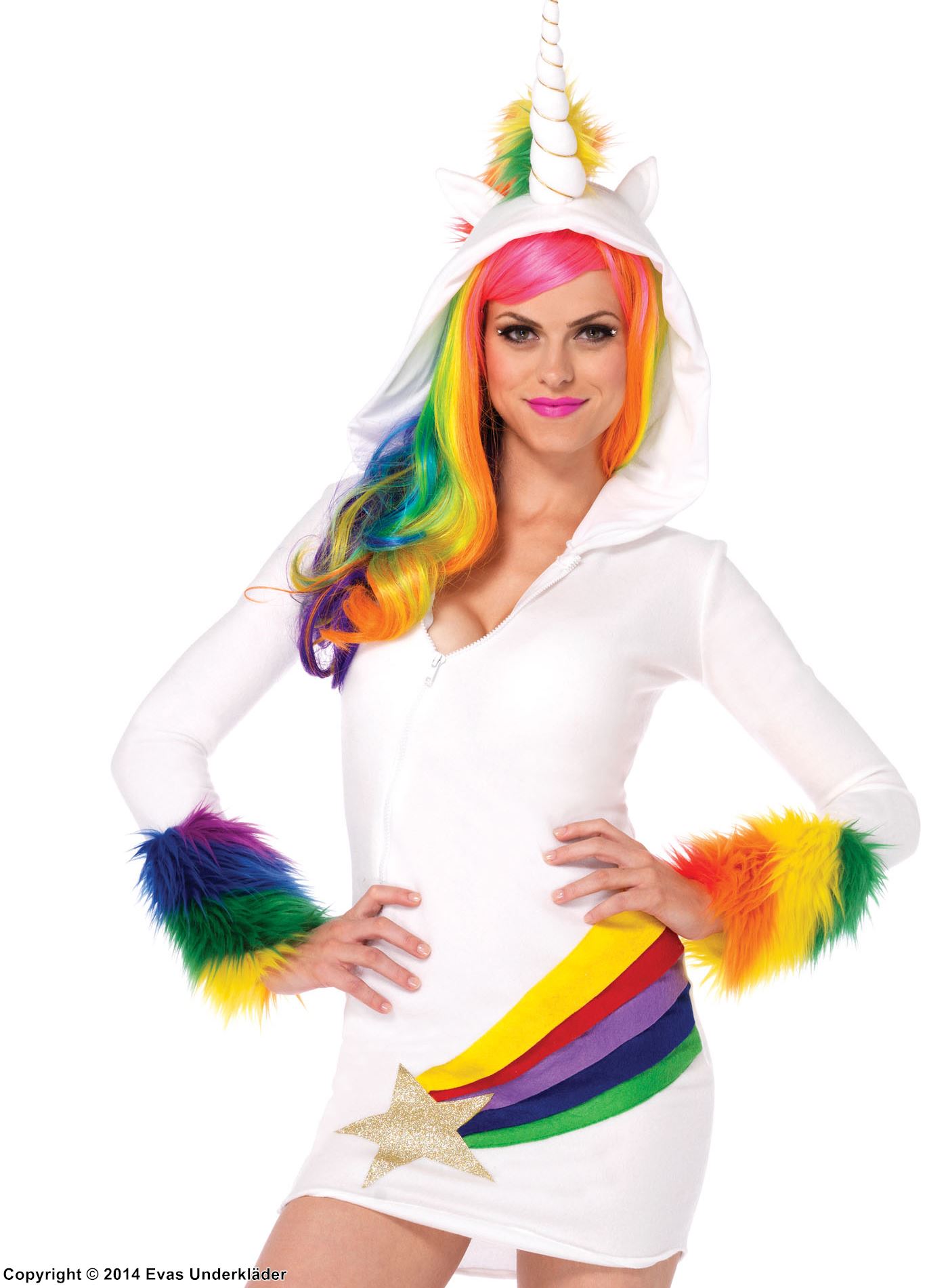 Unicorn, costume dress, faux fur, tail, horn, colorful design